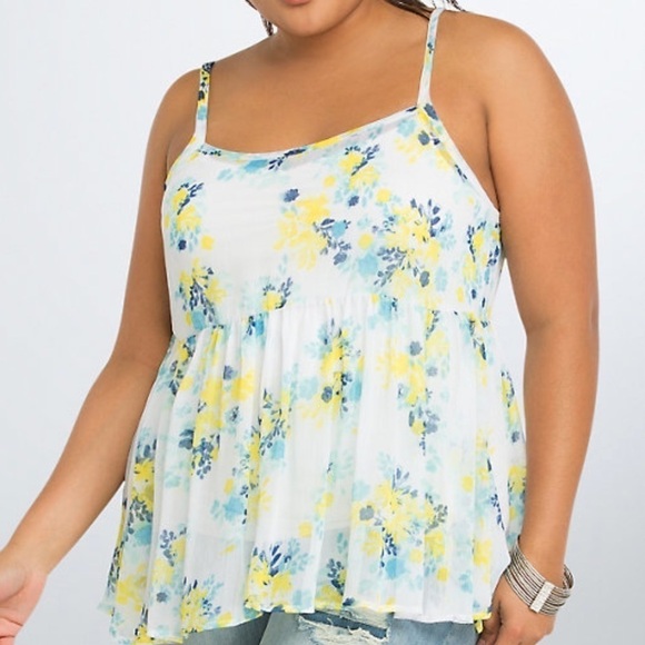 Torrid Floral White & Yellow Sheer Tank Blouse - Picture 1 of 8